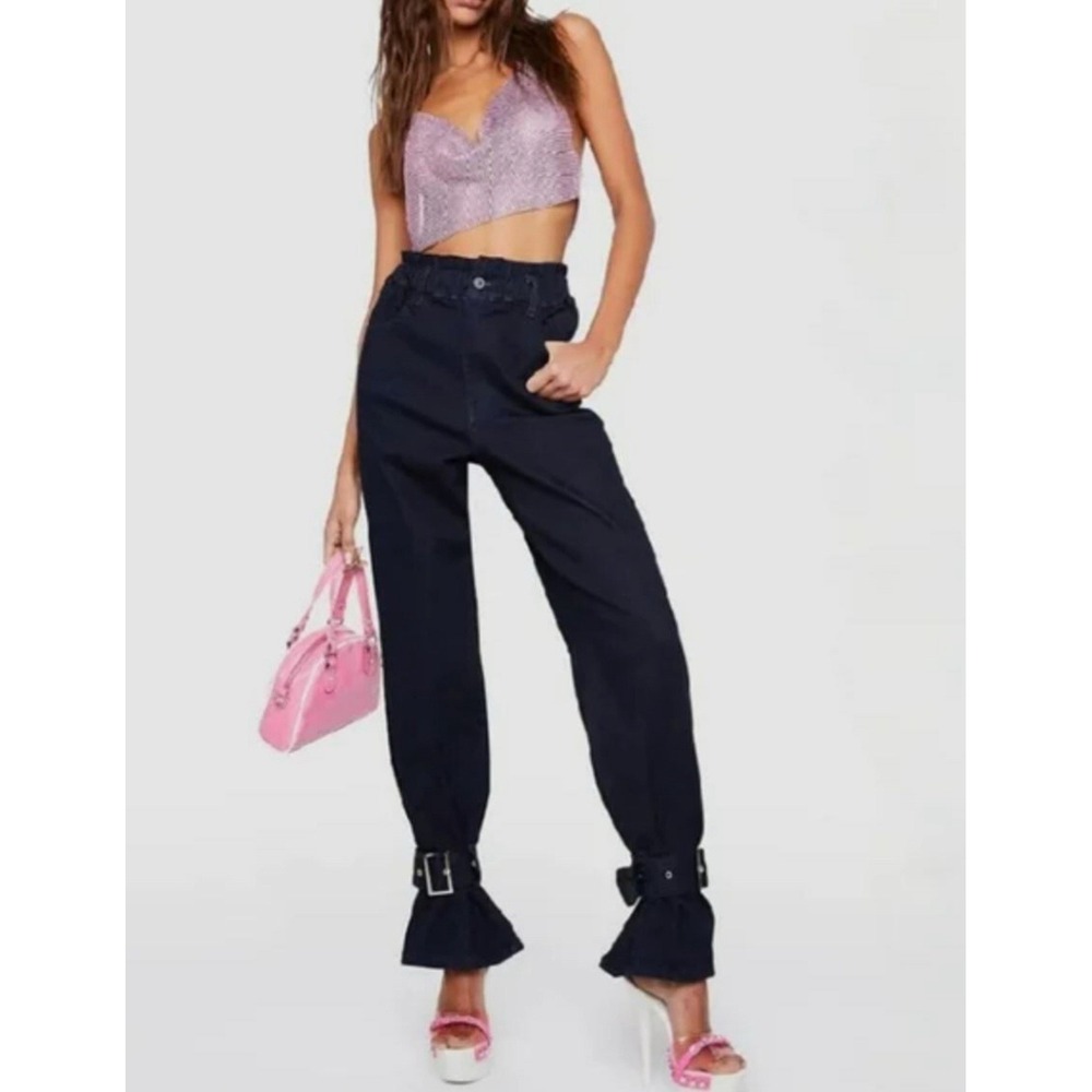 WeWoreWhat Women's Paperbag Straight Ankle Stretch Buckle Dark Jeans-25-NWT-Glam
